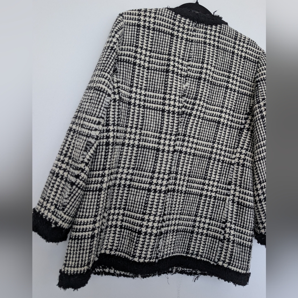 Zara Wool Blend Long Tweed Plaid Houndstooth Lady Jacket Blazer Sz XL Elegant - Picture 16 of 16